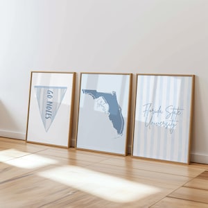 Op de afbeelding: Drie ingelijste prints met een lichtblauw en wit kleurenschema. De prints tonen een wimpel met "GO NOLES", een kaart van Florida en "Florida State University" in script. De frames zijn lichtbruin.