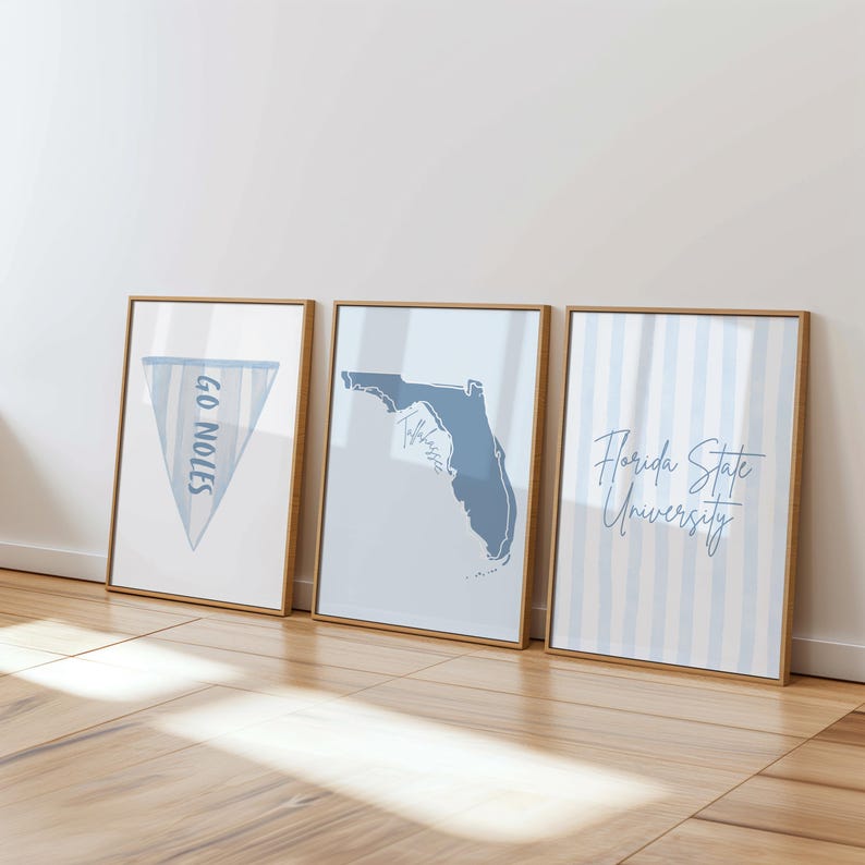 Op de afbeelding: Drie ingelijste prints met een lichtblauw en wit kleurenschema. De prints tonen een wimpel met "GO NOLES", een kaart van Florida en "Florida State University" in script. De frames zijn lichtbruin.