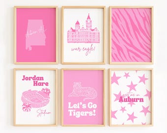 Pink Auburn University Dorm Decor Poster Set: Preppy Tiger Wall Art (Digital Download)