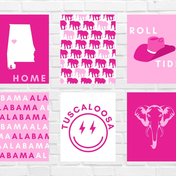 Trendy Pink Dorm Decor Posters for Digital Download | Set of 6 | Preppy Wall Art | Southern Dorm Art | Pink Dorm Art | Elephant poster