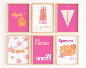 Michigan State Trendy Pink and Orange Dorm Decor Posters for Digital Download | Set of 6 | Preppy Michigan Wall Art | Bar Cart Prints