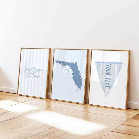 CUSTOM Coastal Digital Prints | Trendy Light Blue Preppy Dorm Posters | Set of 3 Wall Prints | East Coast Custom College Art