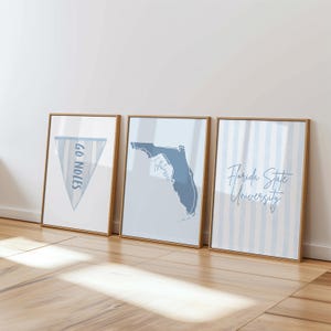 Digitale afdrukken Florida State University | Trendy lichtblauwe preppy slaapzaalposters | Set van 3 muurafdrukken | East Coastal College Art