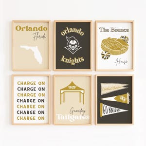 Zestaw ściennych grafik czarno-złotych University of Central Florida | 6 cyfrowych wydruków Preppy | Modny szykowny wystrój college'u | Dekoracja ścienna akademika UCF