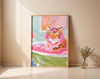 Preppy Tiger Bathtub Print for Digital Download | Preppy Pink Tiger Art for Bathroom and Dorm