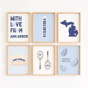 Juego de 6 impresiones digitales de Michigan / Ostras y raquetas de tenis de estilo preppy / Bonita decoración de lago costero / Pósteres artísticos de Ann Arbor