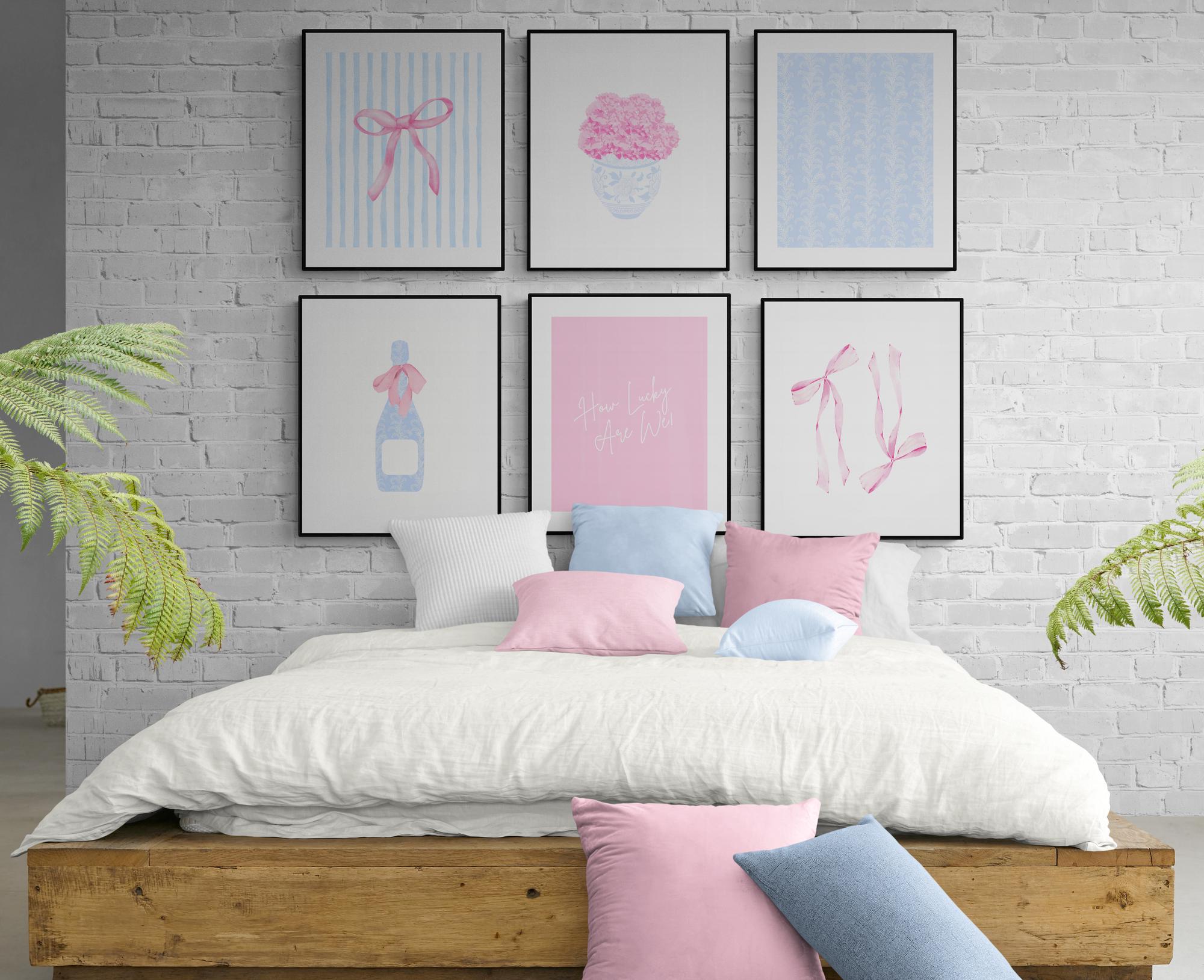 Hydrangea Tapestry 60x50 Inches – Pastel Blue Floral & Pink Bow Wall Hanging, Coquette Cottagecore Decor