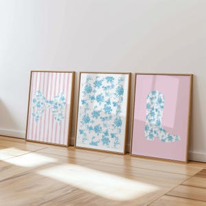 Light blue Floral and Blush Coastal Grandmillenial Coquette Prints | Set of 3 | Preppy Aesthetic Bow Wall Prints | Pretty pink dorm art
