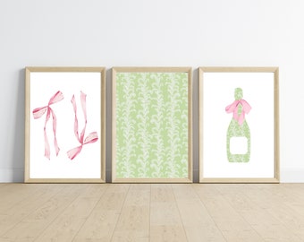 Green and Pink Floral Coastal Champagne Coquette Prints | Set of 3 | Preppy Aesthetic Bow Wall Prints | Coastal Preppy Wall Art