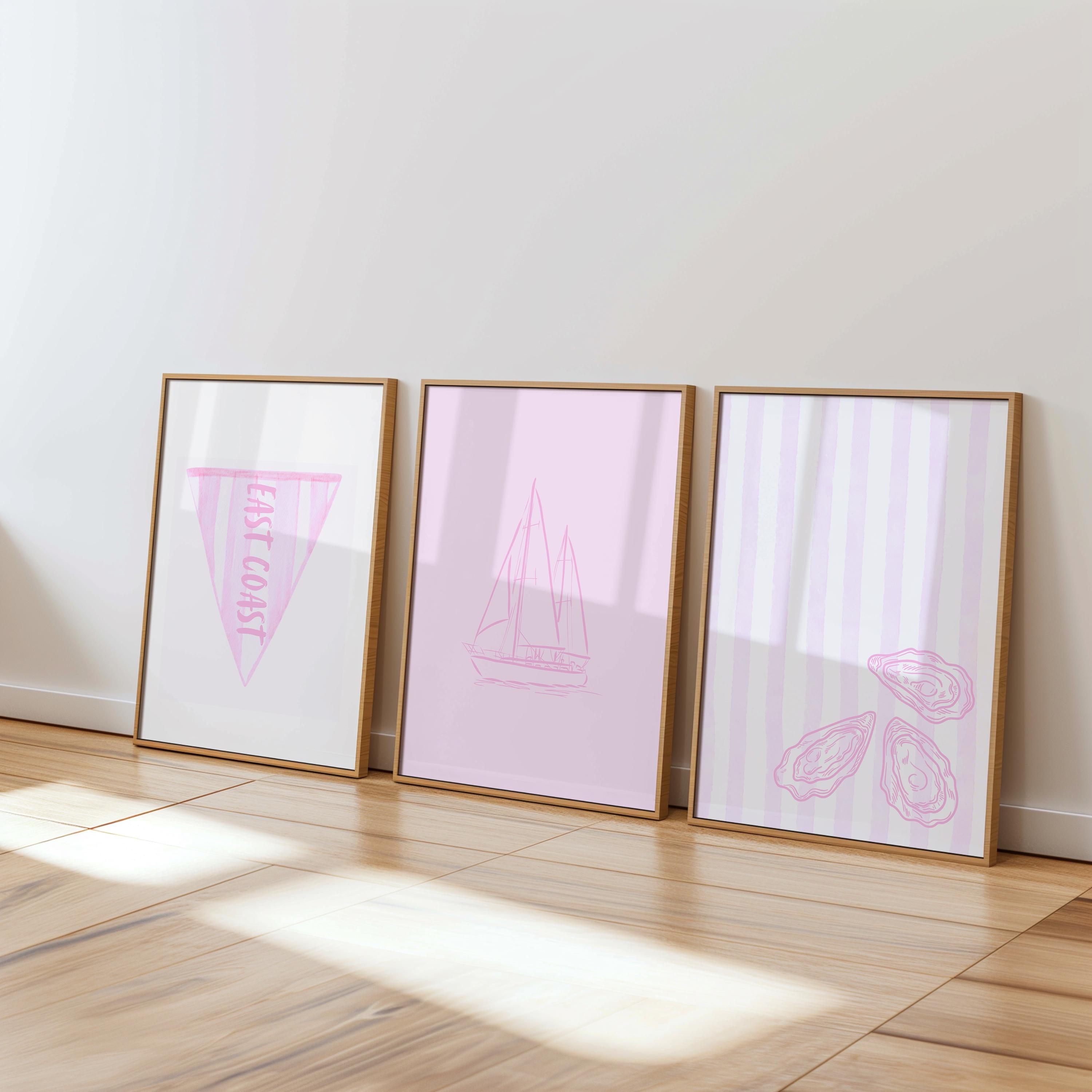 Pink Coastal Preppy Art Prints: East Coast Grandmillennial Set (Digital Download)