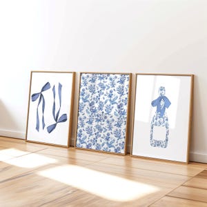 Blue Floral Coastal Champagne Coquette Prints | Set of 3 | Preppy Aesthetic Bow Wall Prints | Coastal Preppy Wall Art | Grandmillenial Chic