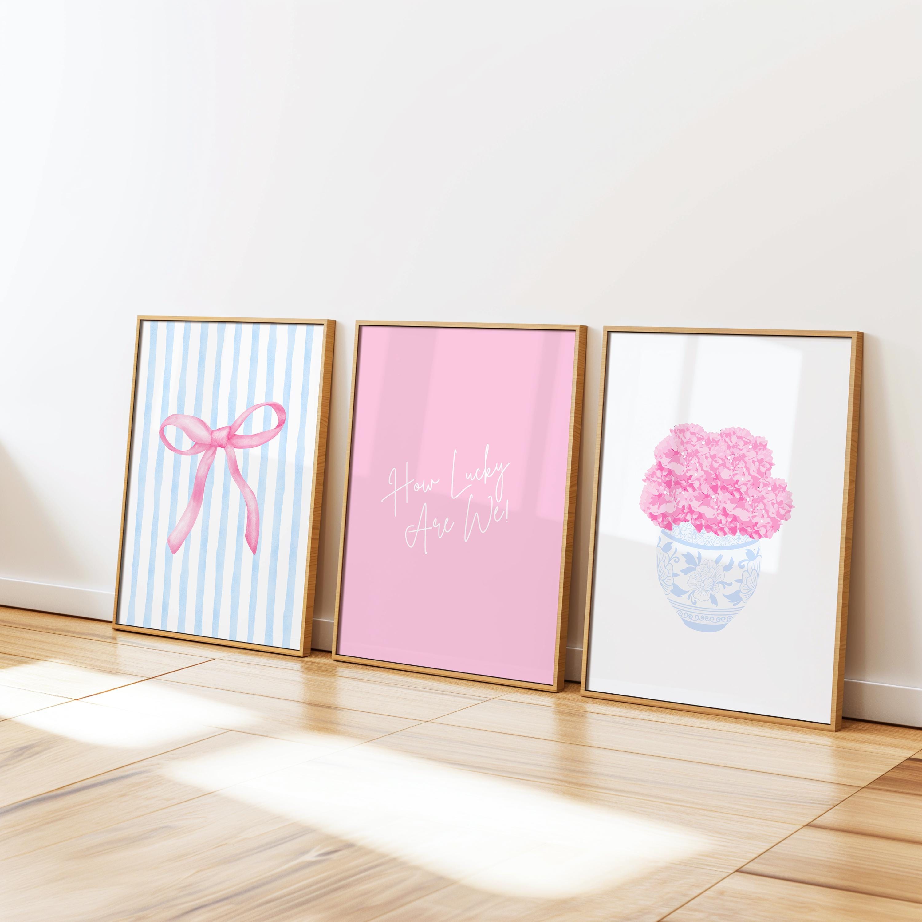 Light Blue and Pink Floral Hydrangea Prints | Set of 3 | Preppy Aesthetic Bow Wall Prints | Coastal Preppy Wall Art