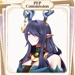 Puede incluir: Una ilustraci&oacute;n digital de un personaje con cabello largo azul oscuro, orejas puntiagudas y cuernos azules curvados. El personaje lleva un collar dorado y verde con una gema circular central y una prenda azul. El texto PFP Commission aparece en la parte superior.