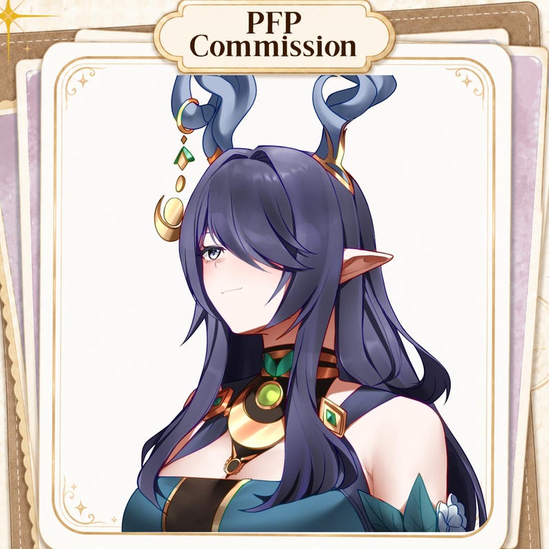 Puede incluir: Una ilustraci&oacute;n digital de un personaje con cabello largo azul oscuro, orejas puntiagudas y cuernos azules curvados. El personaje lleva un collar dorado y verde con una gema circular central y una prenda azul. El texto PFP Commission aparece en la parte superior.