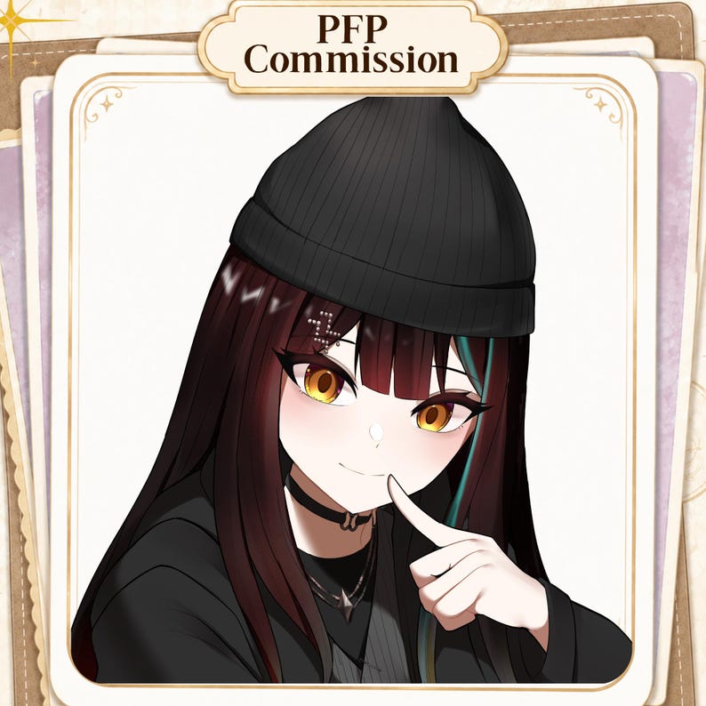 Puede incluir: Una ilustraci&oacute;n digital de un personaje con cabello largo y oscuro, ojos color &aacute;mbar y un gorro negro. El personaje lleva una gargantilla negra y una chaqueta oscura. El texto PFP Commission aparece en la parte superior del retrato enmarcado.