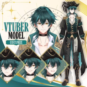 May include: A digital character illustration featuring a VTUBER MODEL with teal hair and amber eyes. The character wears a dark pirate-inspired outfit with a black hat, gold accents, and a white shirt. Three smaller facial expressions are shown below.