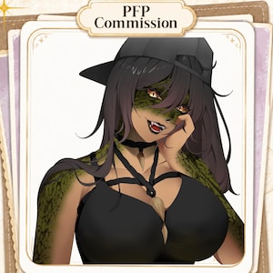 May include: A digital illustration of a character with reptilian green scales on their face and shoulders, wearing a black baseball cap, a black choker with a tooth pendant, and a black top with crisscross straps. Text reads PFP Commission.