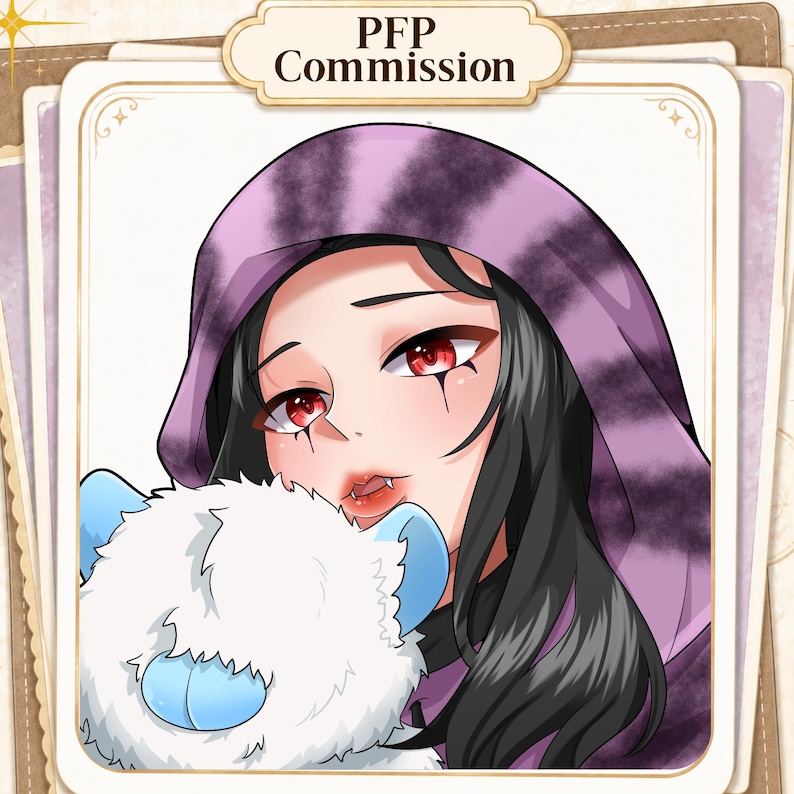May include: A digital illustration of a character with long black hair and red eyes wearing a purple hooded garment with dark stripes. The character holds a fluffy white plush toy with blue ears and a blue nose. The text PFP Commission is at the top.