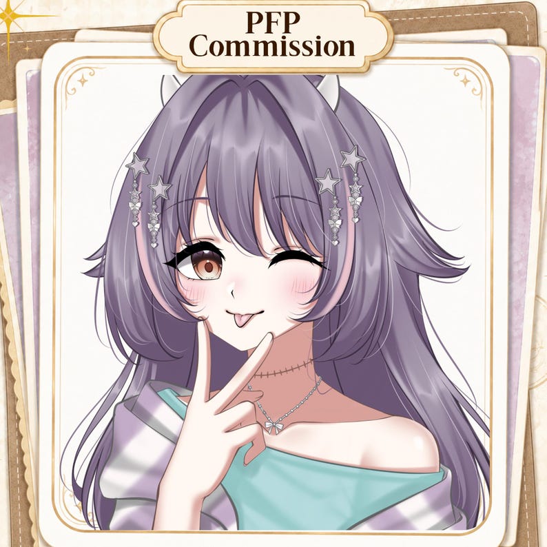 May include: Digital anime-style illustration of a character with long purple hair, star hair clips, and a teal top. The character has one eye open and one winking, with a tongue sticking out. Text at the top reads PFP Commission in a decorative frame.