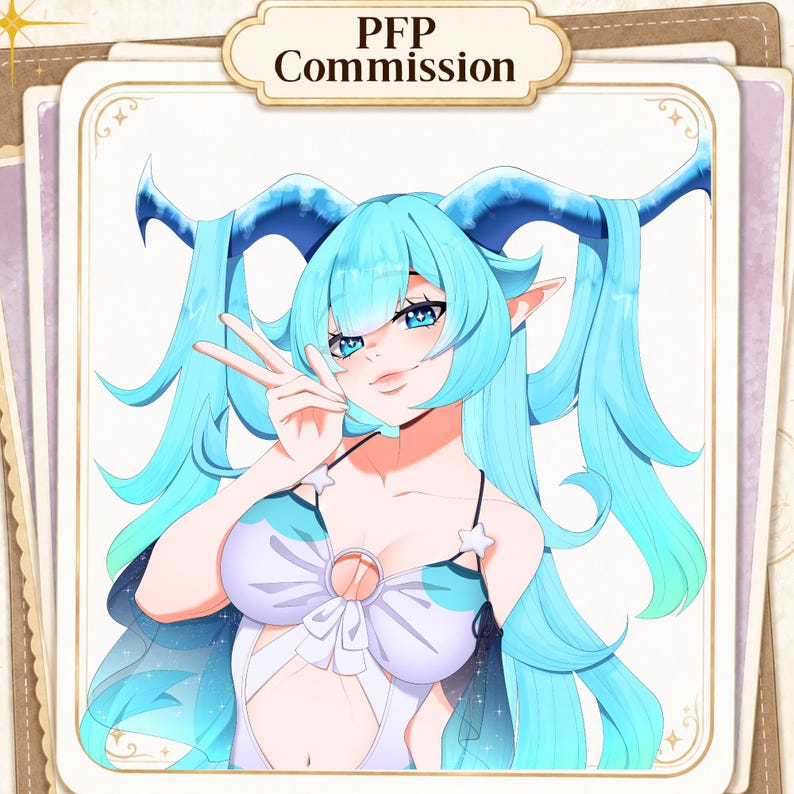 May include: A digital illustration of a character with long light blue hair, pointed ears, and dark blue horns, making a peace sign. The character wears a white and light blue top with star accents. The image includes the text PFP Commission.