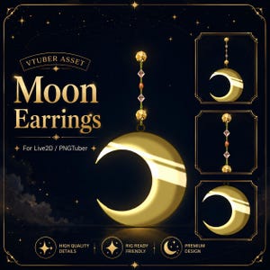 Op de afbeelding: Een digitaal item met gouden maansikkeloorbellen met bungelende kettingen van gefacetteerde gouden kralen en roze kristallen. De tekst luidt VTUBER ASSET Moon Earrings For Live2D / PNGTuber, HIGH QUALITY DETAILS, RIG READY FRIENDLY en PREMIUM DESIGN.