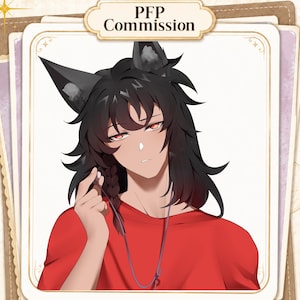 Puede incluir: Una ilustraci&oacute;n digital de un personaje con cabello oscuro, orejas puntiagudas y ojos rojos, vistiendo una camiseta roja. El personaje tiene una peque&ntilde;a trenza y sostiene un cord&oacute;n fino. El texto PFP Commission aparece en la parte superior.
