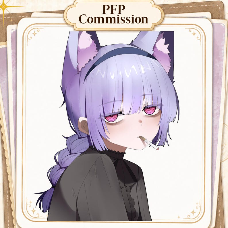May include: A digital illustration of a character with light purple hair, cat ears, and pink eyes, wearing a black outfit with a dark collar. The character has a braid, a black headband, and a cigarette in their mouth. The text PFP Commission is visible.
