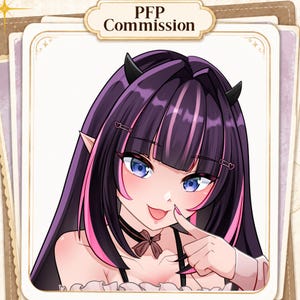 May include: A digital illustration of a character with long dark purple hair featuring bright pink highlights, small black horns, and pointed ears. The character has blue eyes, a small brown bow choker, and is pointing a finger toward their nose.