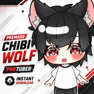 May include: A digital illustration of a chibi wolf character with black hair, wolf ears, and large red eyes. The character wears a white shirt and black shorts. Text reads PREMADE CHIBI WOLF PNGTUBER INSTANT DOWNLOAD with a download icon.