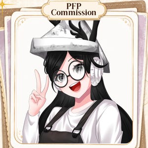 Puede incluir: Una ilustraci&oacute;n digital estilo anime de un personaje con cabello largo negro, gafas redondas y auriculares blancos. El personaje viste una camisa blanca, peto negro y un sombrero gris con astas negras. El texto PFP Commission aparece arriba.