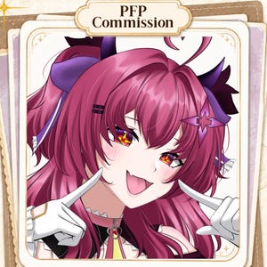 May include: Digital illustration of a character with vibrant magenta hair, purple horns, and glowing red eyes with star-shaped pupils. The character has a playful expression with a visible fang and tongue. Text at the top reads PFP Commission.