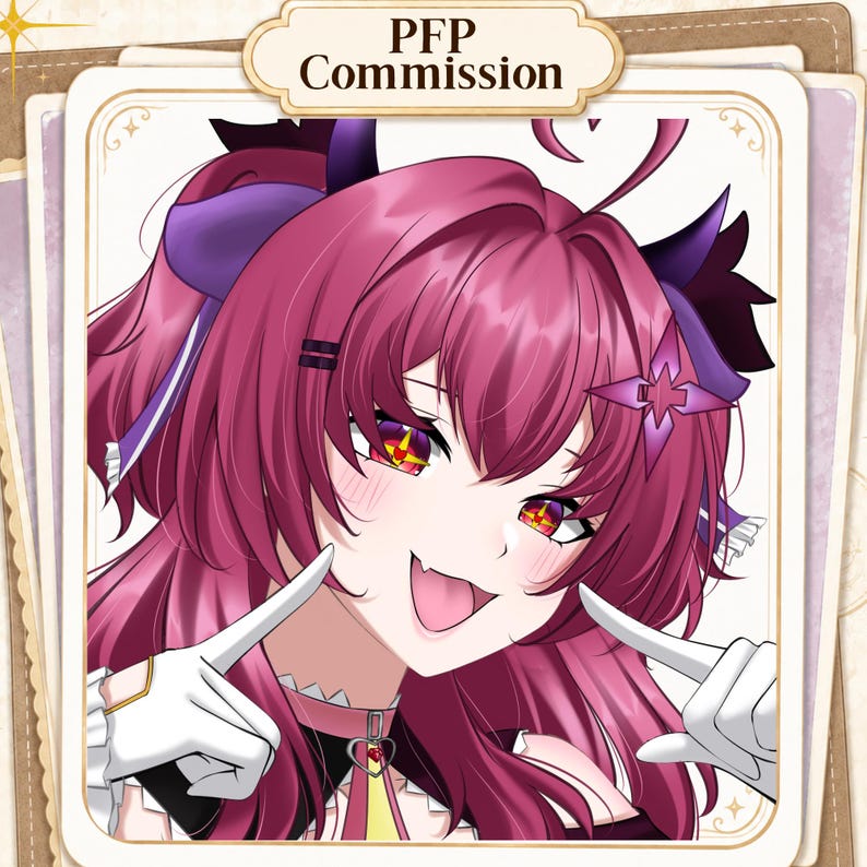 May include: Digital illustration of a character with vibrant magenta hair, purple horns, and glowing red eyes with star-shaped pupils. The character has a playful expression with a visible fang and tongue. Text at the top reads PFP Commission.