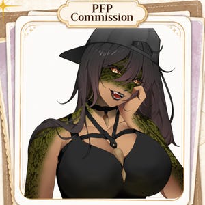 Puede incluir: Ilustraci&oacute;n digital de un personaje de piel oscura, escamas de reptil verdes y cabello largo y oscuro que lleva una gorra de b&eacute;isbol negra, una gargantilla negra con un colgante de diente y un top negro con tiras cruzadas. Texto PFP Commission.