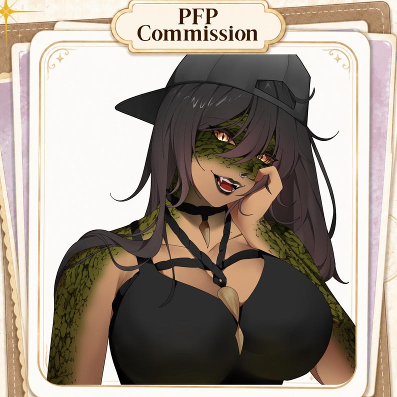 Puede incluir: Ilustraci&oacute;n digital de un personaje de piel oscura, escamas de reptil verdes y cabello largo y oscuro que lleva una gorra de b&eacute;isbol negra, una gargantilla negra con un colgante de diente y un top negro con tiras cruzadas. Texto PFP Commission.