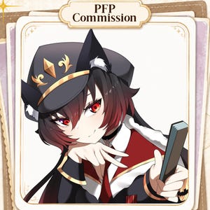 Puede incluir: Una ilustraci&oacute;n digital de estilo anime de un personaje con cabello oscuro y ojos rojos que lleva una gorra de estilo militar negra con detalles dorados. El personaje viste un uniforme negro y rojo con cuello blanco y sostiene un libro rectangular. El texto dice PFP Commission.
