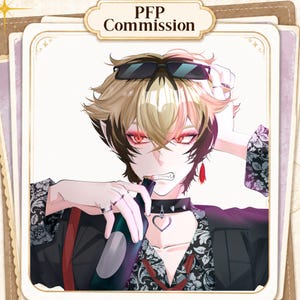 May include: Digital illustration of a character with blonde hair, red eyes, and pointed ears, wearing black sunglasses on their head, a spiked choker with a heart pendant, and a black floral patterned shirt, holding a dark bottle to their mouth.
