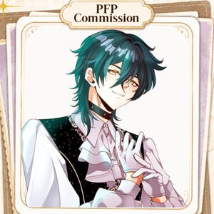 May include: A digital illustration of a character with teal hair and yellow eyes, wearing a white ruffled shirt, a black vest with star patterns, a black choker, and white gloves. The image features the text PFP Commission at the top.