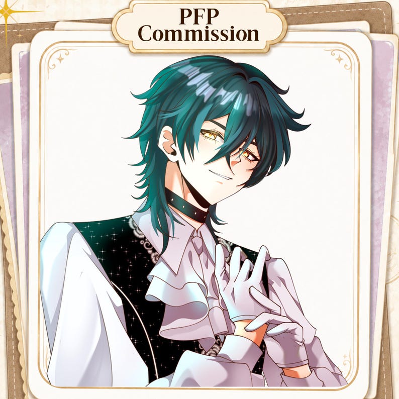 May include: A digital illustration of a character with teal hair and yellow eyes, wearing a white ruffled shirt, a black vest with star patterns, a black choker, and white gloves. The image features the text PFP Commission at the top.