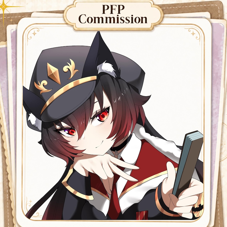 May include: An anime-style digital illustration of a character with dark hair featuring red highlights, wearing a black military-style cap with gold accents and cat ears. The character wears a red and black uniform and holds a rectangular object.