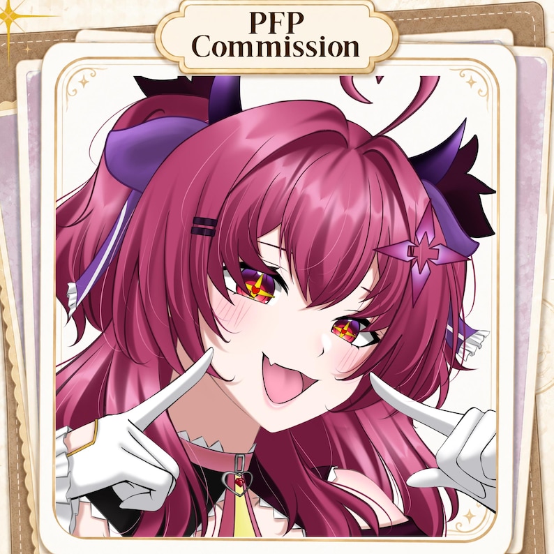 Puede incluir: Una ilustraci&oacute;n digital de un personaje con cabello magenta vibrante, cuernos morados y ojos rojos brillantes con pupilas en forma de estrella. El personaje tiene una expresi&oacute;n juguetona con un colmillo y la lengua visibles, usa guantes blancos y un collar rosa con un dije de coraz&oacute;n. El texto PFP Commission aparece en la parte superior.
