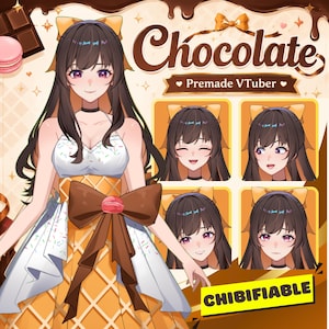 May include: An anime-style character with long brown hair and a yellow bow, wearing a white dress with colorful sprinkles and a large brown bow. The image includes the text Chocolate, Premade VTuber, and CHIBIFIABLE, plus four facial expressions.