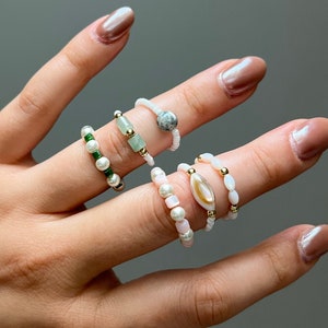 Set of 3 Dainty Beaded Rings Colorful Stretchy Rings Beaded Multicolor Rings Stackable Ring Set Small Bead Ring Stretchy Everyday Ring Layer