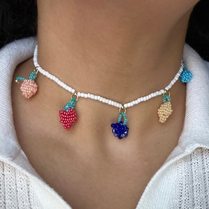 3D Fruit Choker Beaded Fruit Salad Necklace Tiny Beaded Layering Necklace Trendy Fruit Necklace Beaded Food Jewelry Y2K Necklace Seed Beads