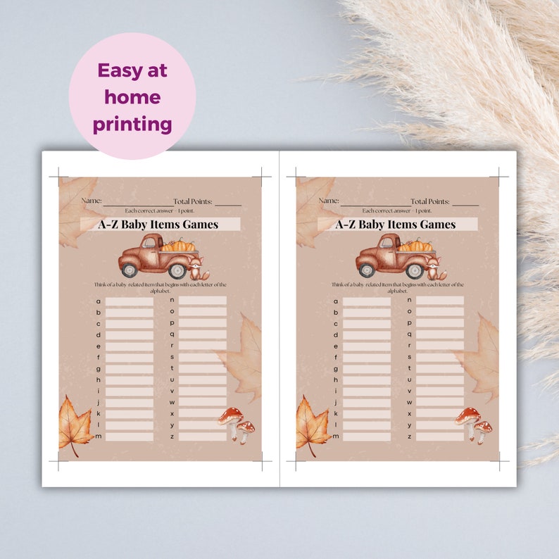 A-Z Baby Items Baby Shower Game Card, Fall, Autumn, Country Truck, DIY ...