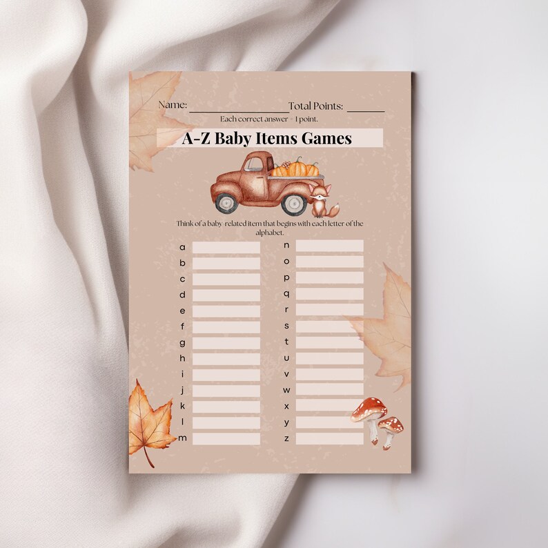 A-Z Baby Items Baby Shower Game Card, Fall, Autumn, Country Truck, DIY ...