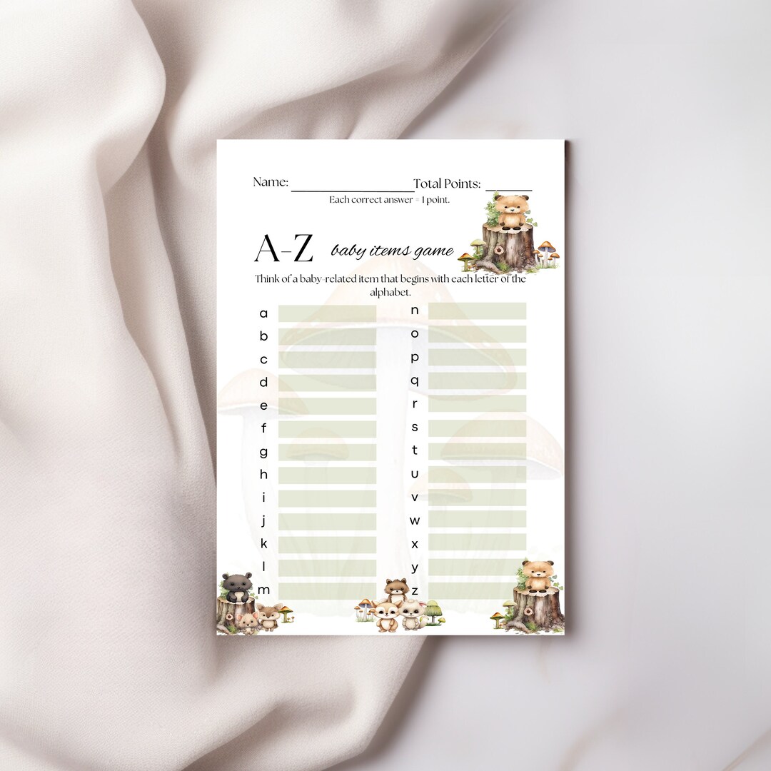AZ Baby Items Baby Shower Game, Forest Animals, Woodland Creatures, Mushroom, Cottagecore