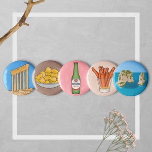 Set of Lebanese pin buttons  - Lebanon pins - Raouche rock, Baalbek, Almaza, carrots, termos (lupini beans)