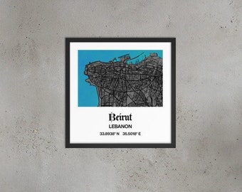 Mapa de la ciudad de Beirut Póster enmarcado Mapa retro de Beirut Versión ligera del mar Regalo de Beirut Mapa de Beirut enmarcado Arte de la pared de Beirut Arte del Líbano para la pared