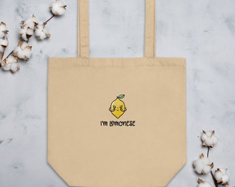 I’m Lemonese embroidered eco tote shopping bag, Reusable shopping bag embroidered with cute lemon, Gift for lemon lover, Lebanese cuisine