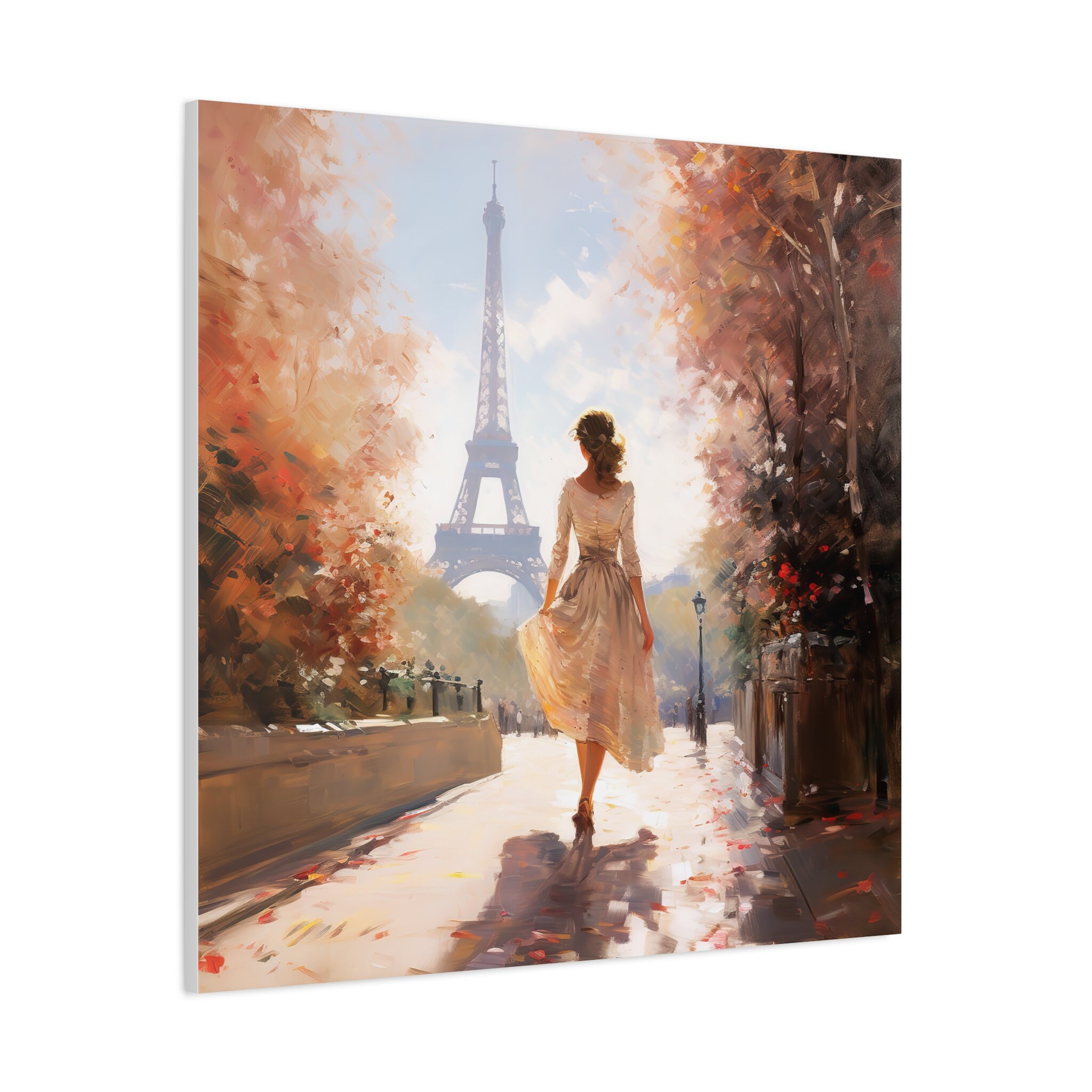 Stroll in Paris Eiffel Tower Canvas Painting, City Wall Art, Romantic